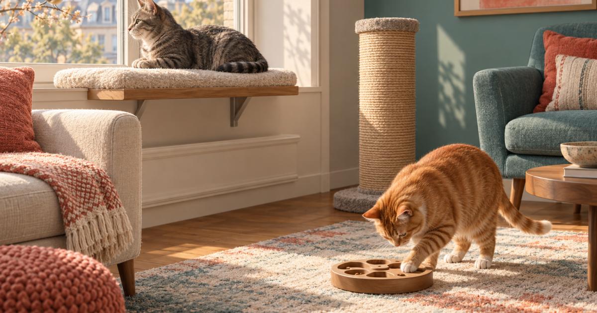 Two indoor cats enjoy a window perch and food puzzle beside a sturdy scratching post.