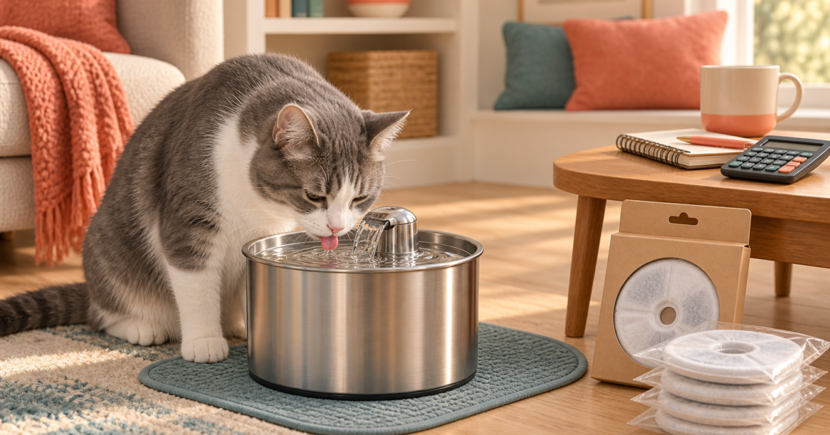 A cat drinks from a fountain beside replacement filters, a calculator and a budgeting notebook.