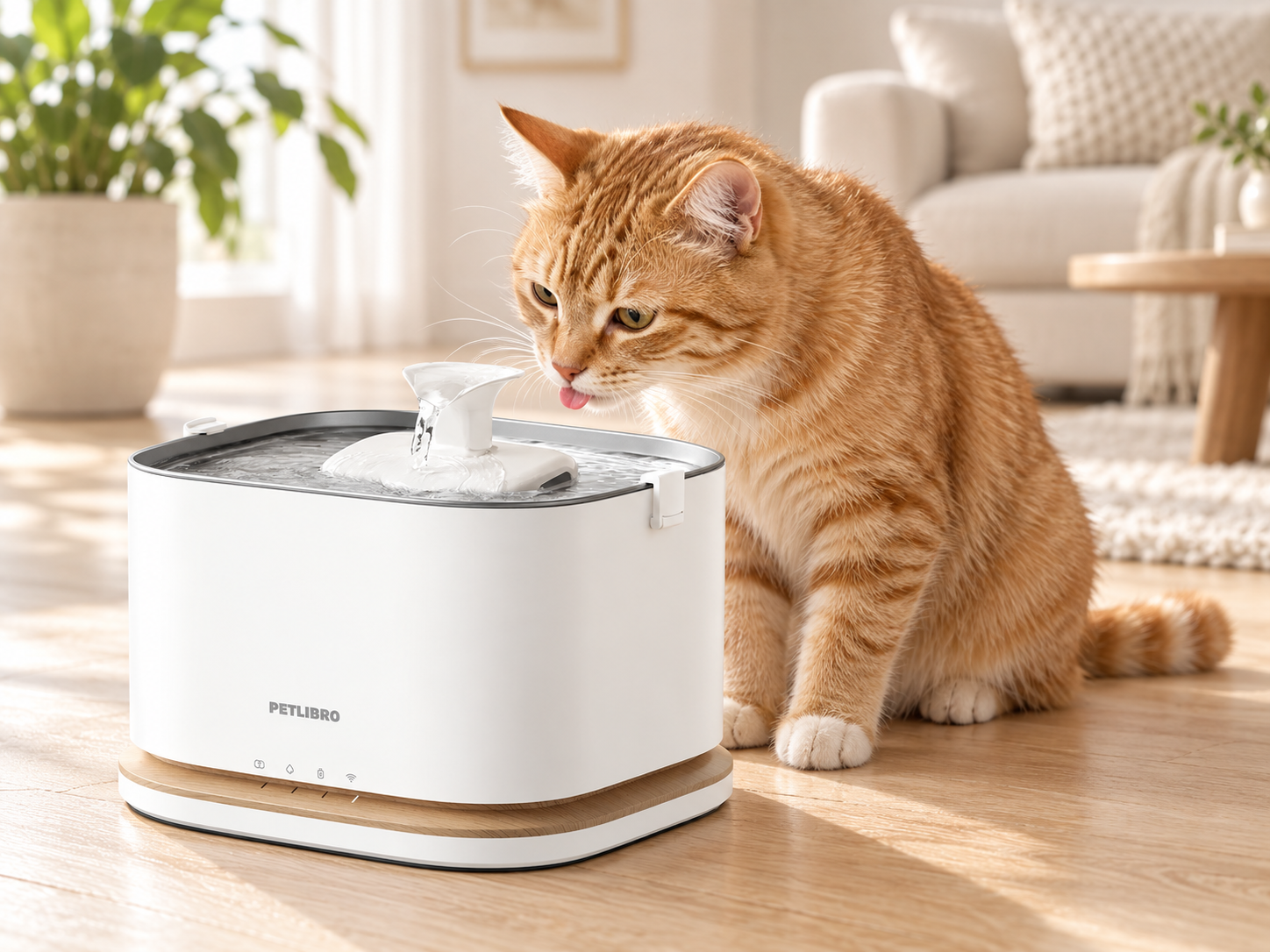 Orange tabby beside a PETLIBRO Dockstream 2 fountain — lifestyle illustration