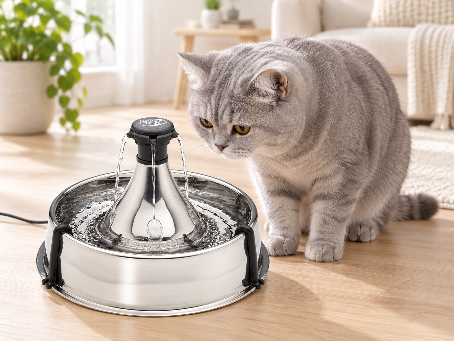 Silver cat beside a PetSafe Drinkwell 360 fountain — lifestyle illustration