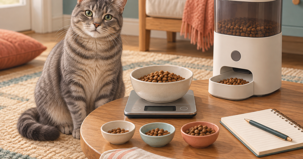 A cat beside a feeder, kibble samples and a bowl on a kitchen scale for portion measurement.