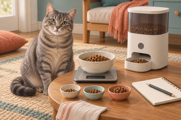 A cat beside a feeder, kibble samples and a bowl on a kitchen scale for portion measurement.