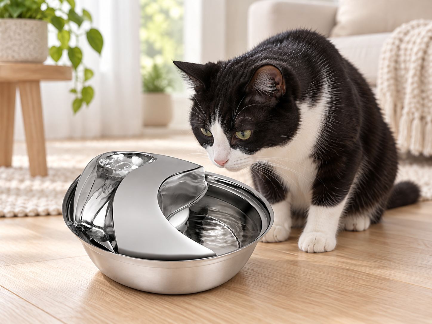 Black and white cat beside a Pioneer Pet Raindrop fountain — lifestyle illustration
