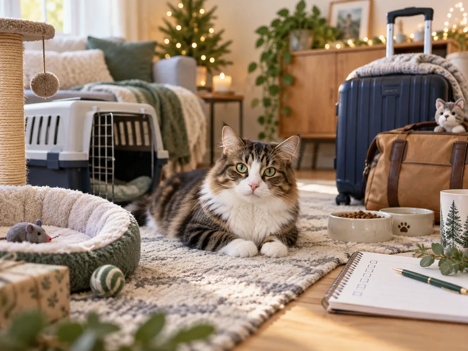 Cat beside a travel carrier, luggage and a planning checklist