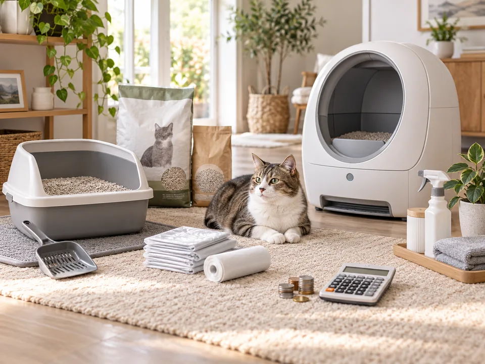 Cat between manual and automatic litter boxes with supplies and a calculator