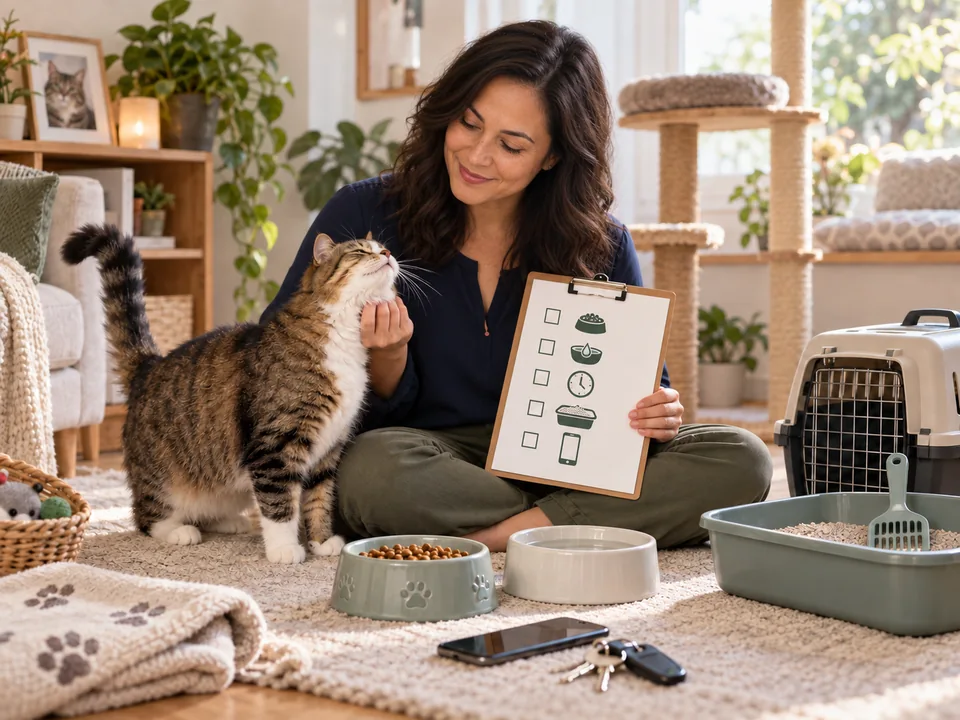 Illustration of Maya Bennett with a cat and a care checklist