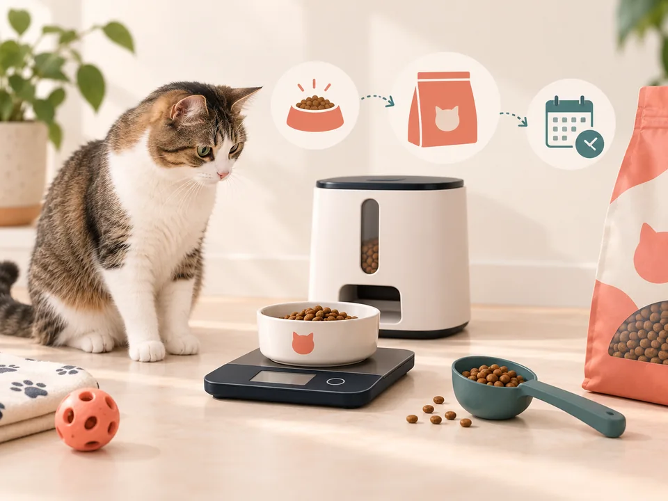 Cat beside an automatic feeder and a food bowl on a kitchen scale