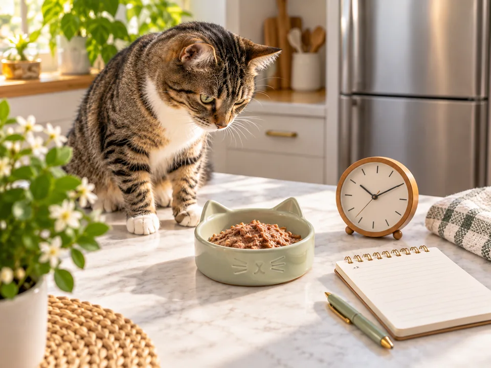 Cat beside one wet-food serving, a clock and a meal-planning notebook