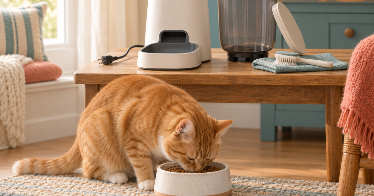A cat eats from a backup bowl while an unplugged feeder and removable hopper are prepared for cleaning.