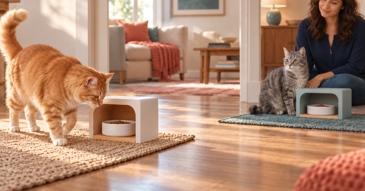 A woman supervises two cats approaching separate feeding stations during a gradual introduction.