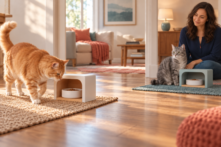 A woman supervises two cats approaching separate feeding stations during a gradual introduction.