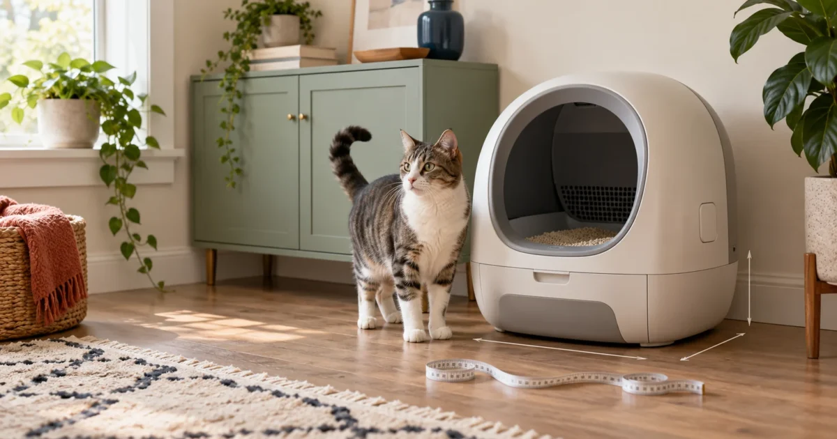 Adult cat standing beside an automatic litter box with a measuring tape showing footprint and fit