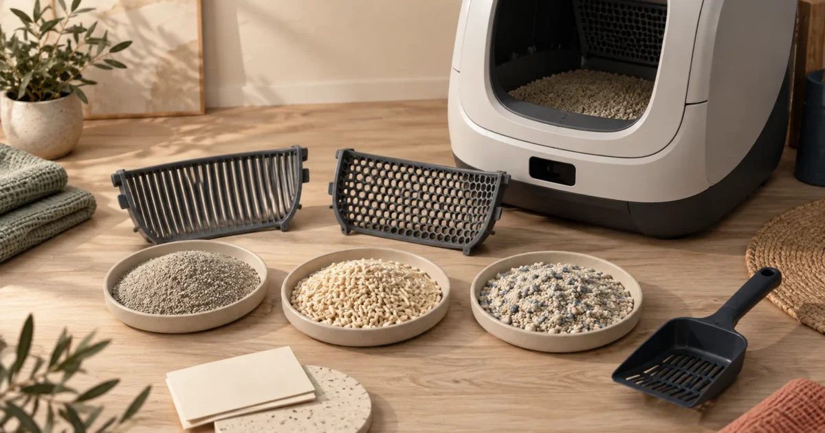 Three cat litter textures and two sifter screens beside an automatic litter box
