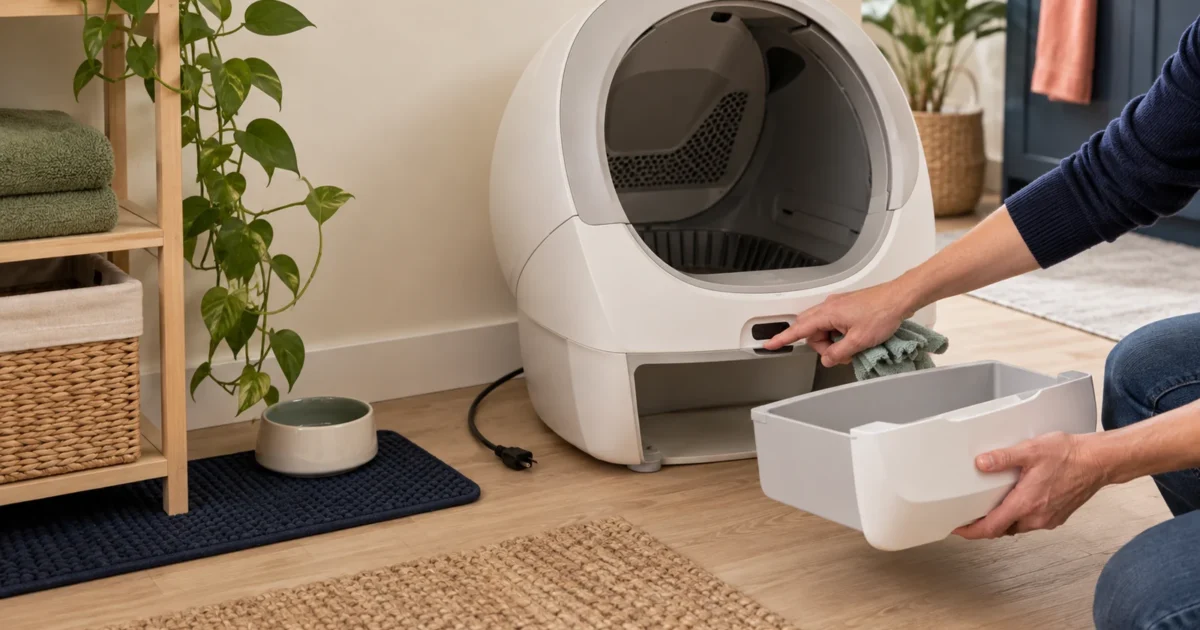 Owner safely inspecting an unplugged automatic litter box and removed waste drawer