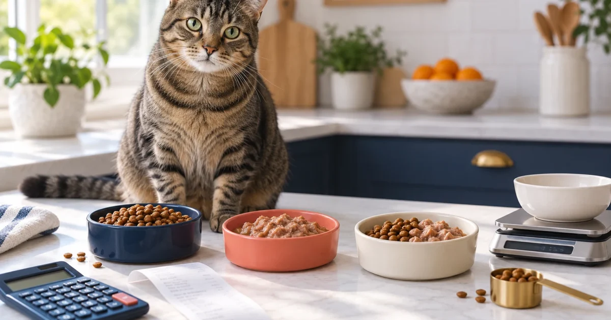 Cat beside wet, dry and mixed food bowls with a calculator, receipt and kitchen scale