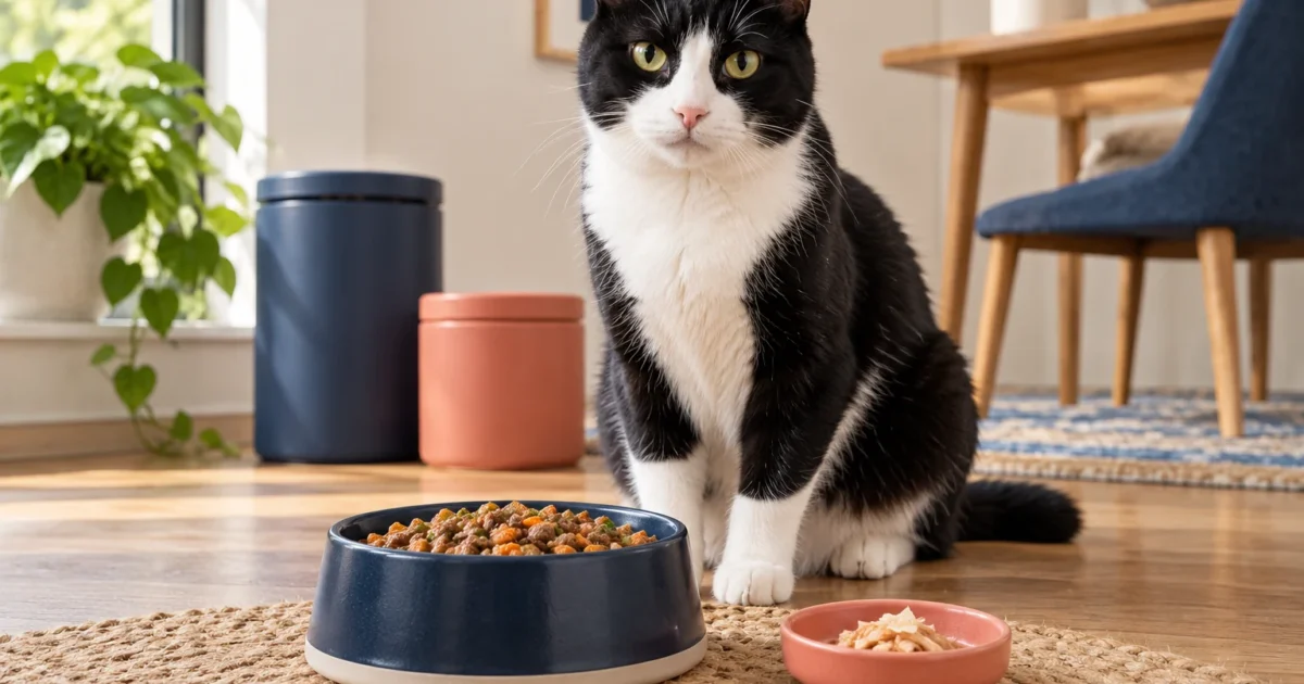 Cat beside a complete meal bowl and a smaller complementary food bowl
